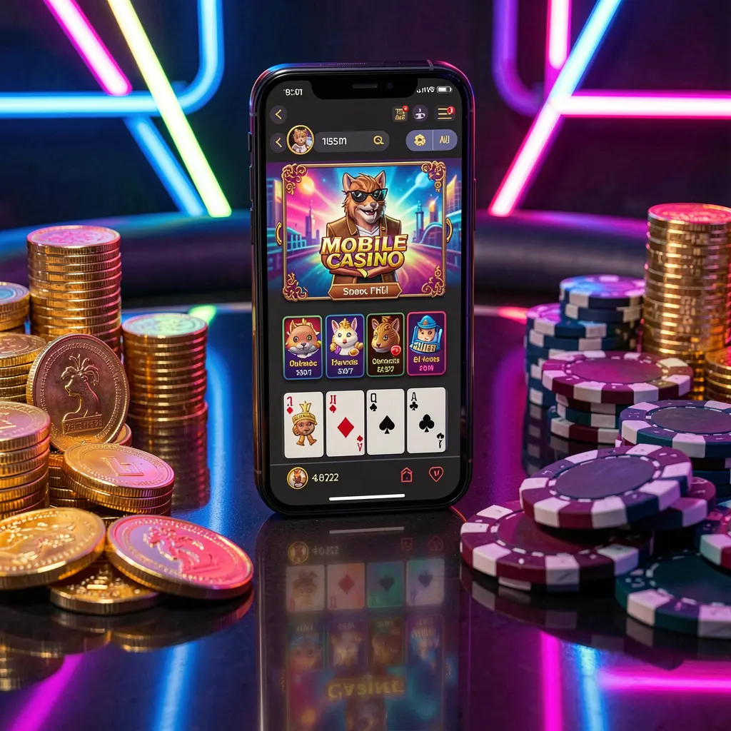 110NIX mobile casino dashboard concept on a smartphone displaying a colorful gaming interface with golden coins and poker chips on a glossy table under elegant neon lighting