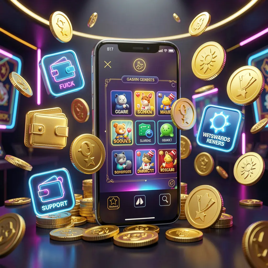 Luxury 3D render of a smartphone displaying the 110NIX online casino app, surrounded by icons for wallet, games, support, and rewards, with golden coins and neon lights highlighting the features