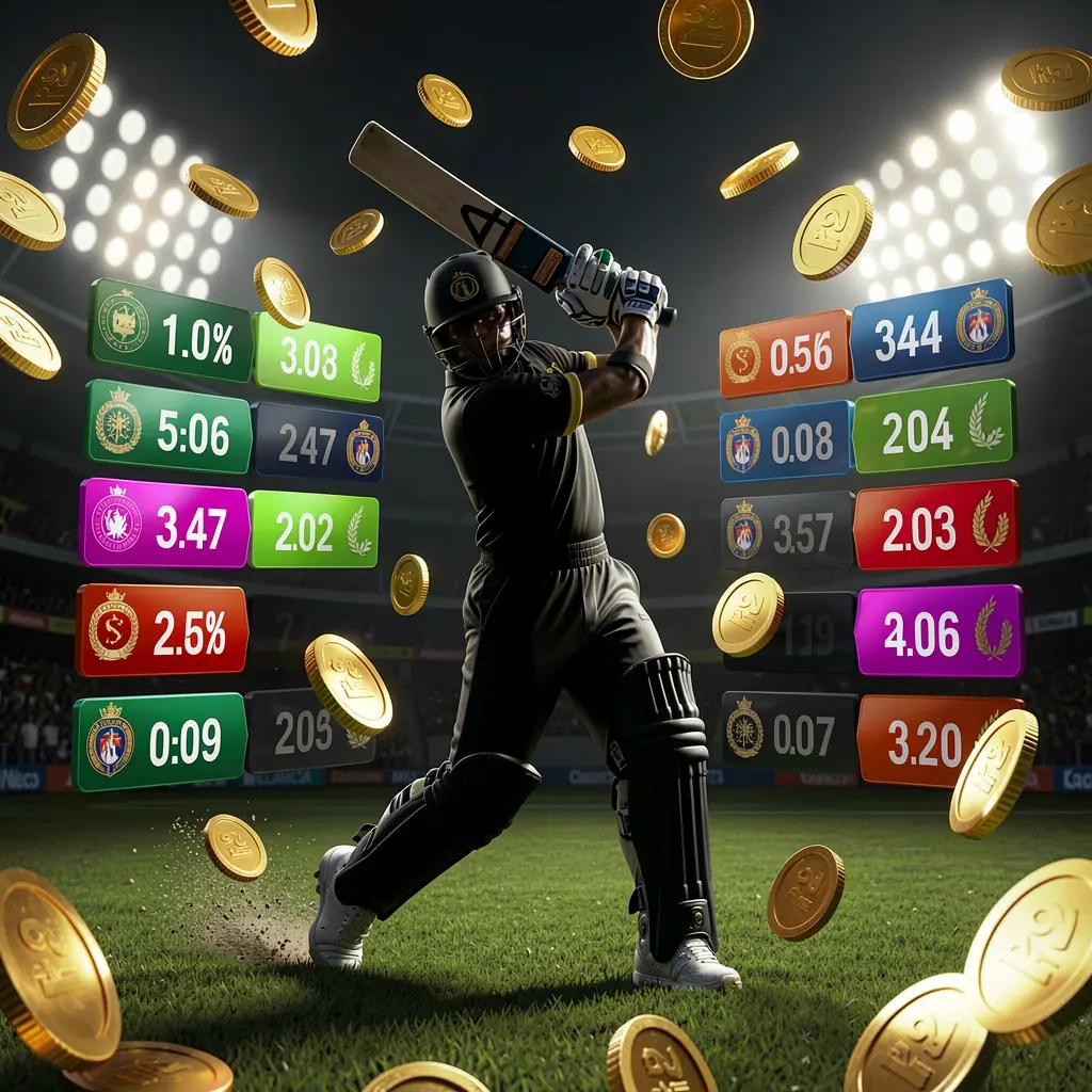 110NIX live cricket odds visual featuring a cricket player silhouette batting under stadium lights with floating odds graphics and golden coins on a premium dark sports background in a realistic 3D render 110NIX live cricket odds visual featuring a cricket player silhouette batting under stadium lights with floating odds graphics and golden coins on a premium dark sports background in a realistic 3D render