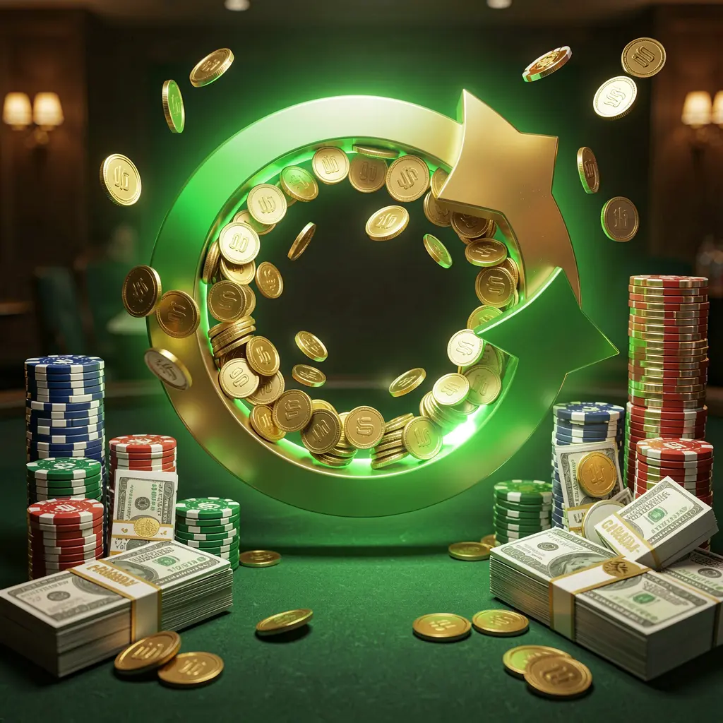 Realistic 3D render of a cashback casino bonus scene featuring coins moving in a circular arrow, stacks of chips, and cash bundles with green and gold glow, showcasing the 110NIX brand