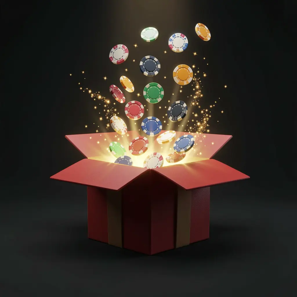 110NIX no deposit bonus visual featuring free casino chips emerging from a glowing gift box with magical sparkles against a dark premium background in a realistic 3D render