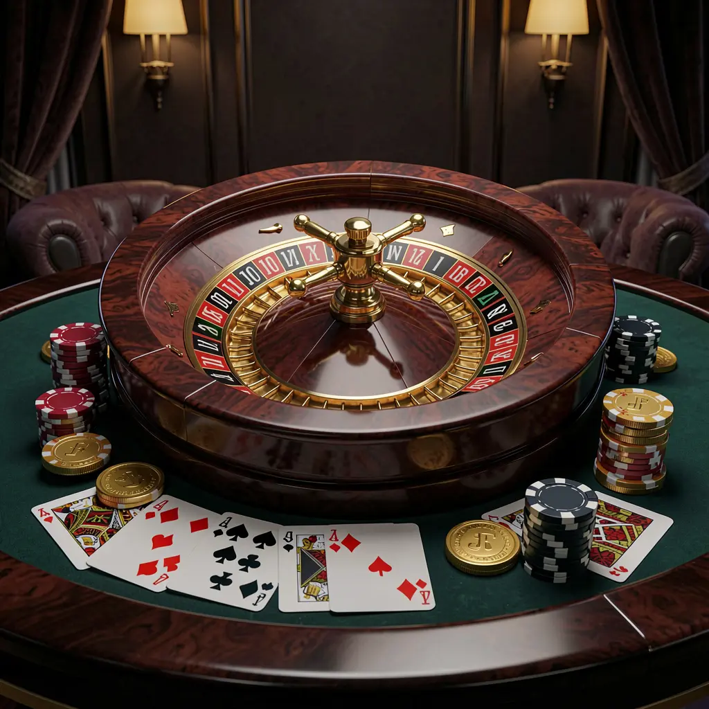 110NIX modern online casino scene featuring a roulette wheel, playing cards, poker chips, and golden coins on a glossy table with a dark luxury background in a realistic 3D illustration