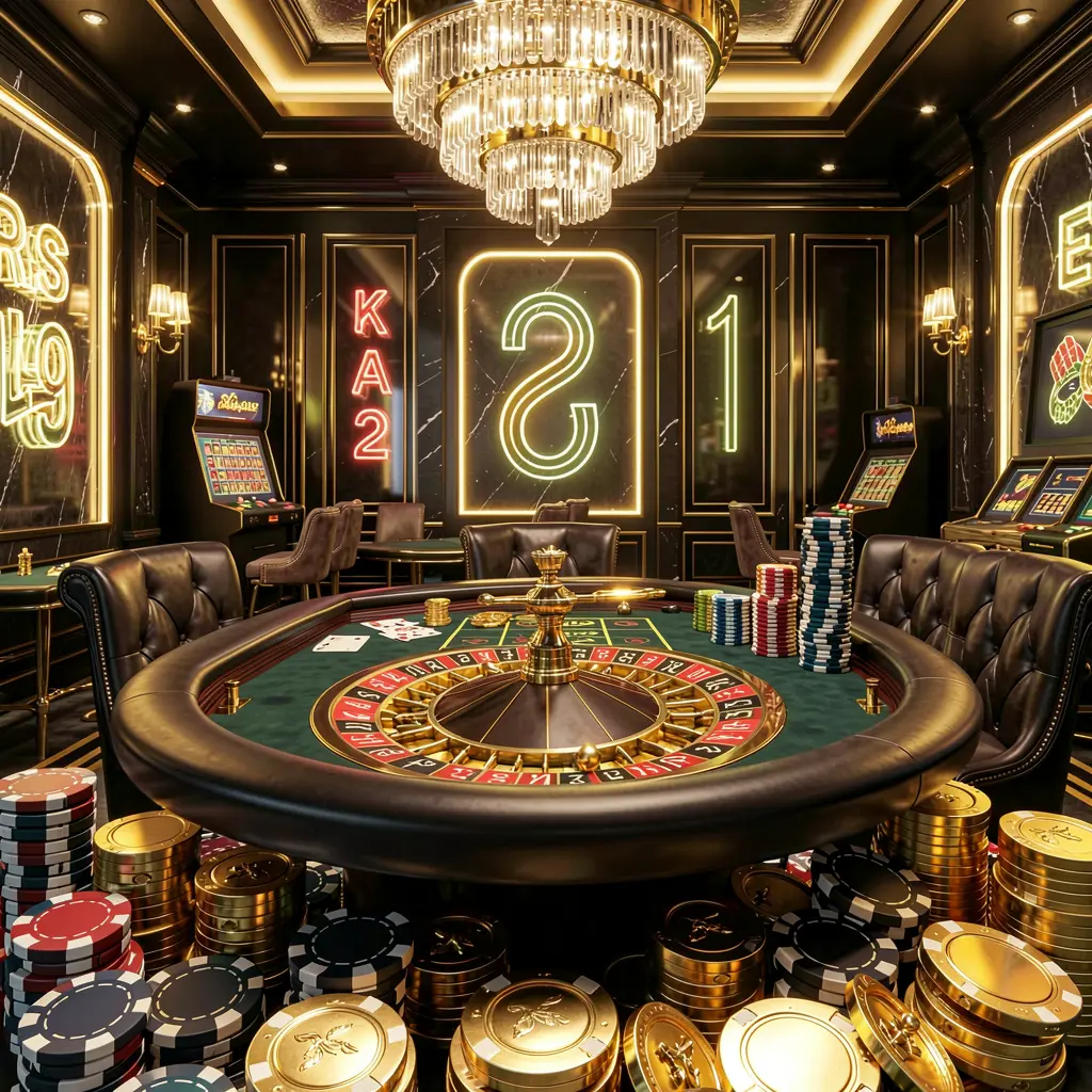 Luxury casino hall with roulette table, poker chips, and golden coins illuminated by glowing neon lights in a premium black and gold atmosphere, showcasing 110NIX's online casino experience
