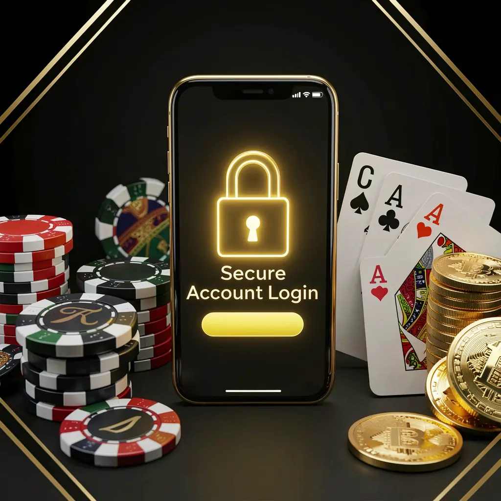 110NIX secure casino account login concept featuring a glowing lock icon on a smartphone screen surrounded by poker chips, playing cards, and golden coins against an elegant black and gold background 110NIX secure casino account login concept featuring a glowing lock icon on a smartphone screen surrounded by poker chips, playing cards, and golden coins against an elegant black and gold background
