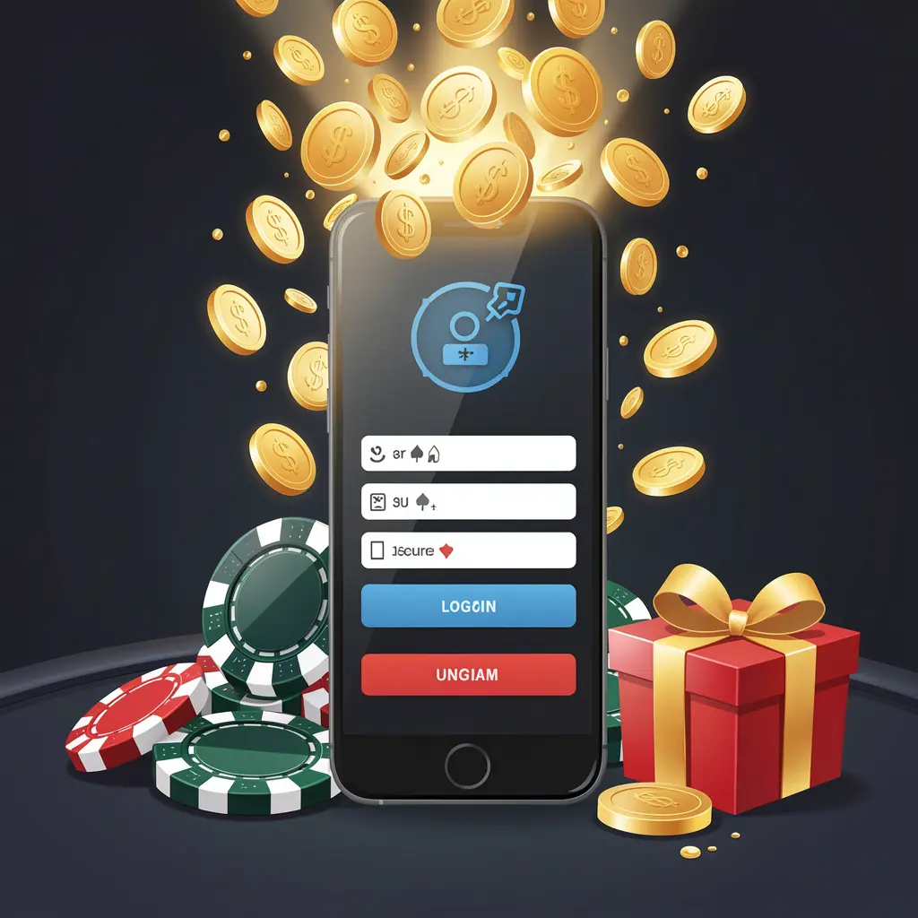 110NIX casino user login illustration showing a phone with a secure access icon, golden coins bursting from the screen, poker chips and a gift box nearby on a dark premium background 110NIX casino user login illustration showing a phone with a secure access icon, golden coins bursting from the screen, poker chips and a gift box nearby on a dark premium background