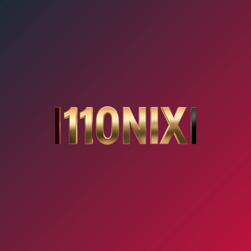 Luxury casino logo for 110NIX featuring rich gold gradient text with red and black accents, elegant lighting effects, designed in a horizontal rectangular wordmark style suitable for a high-end entertainment website header