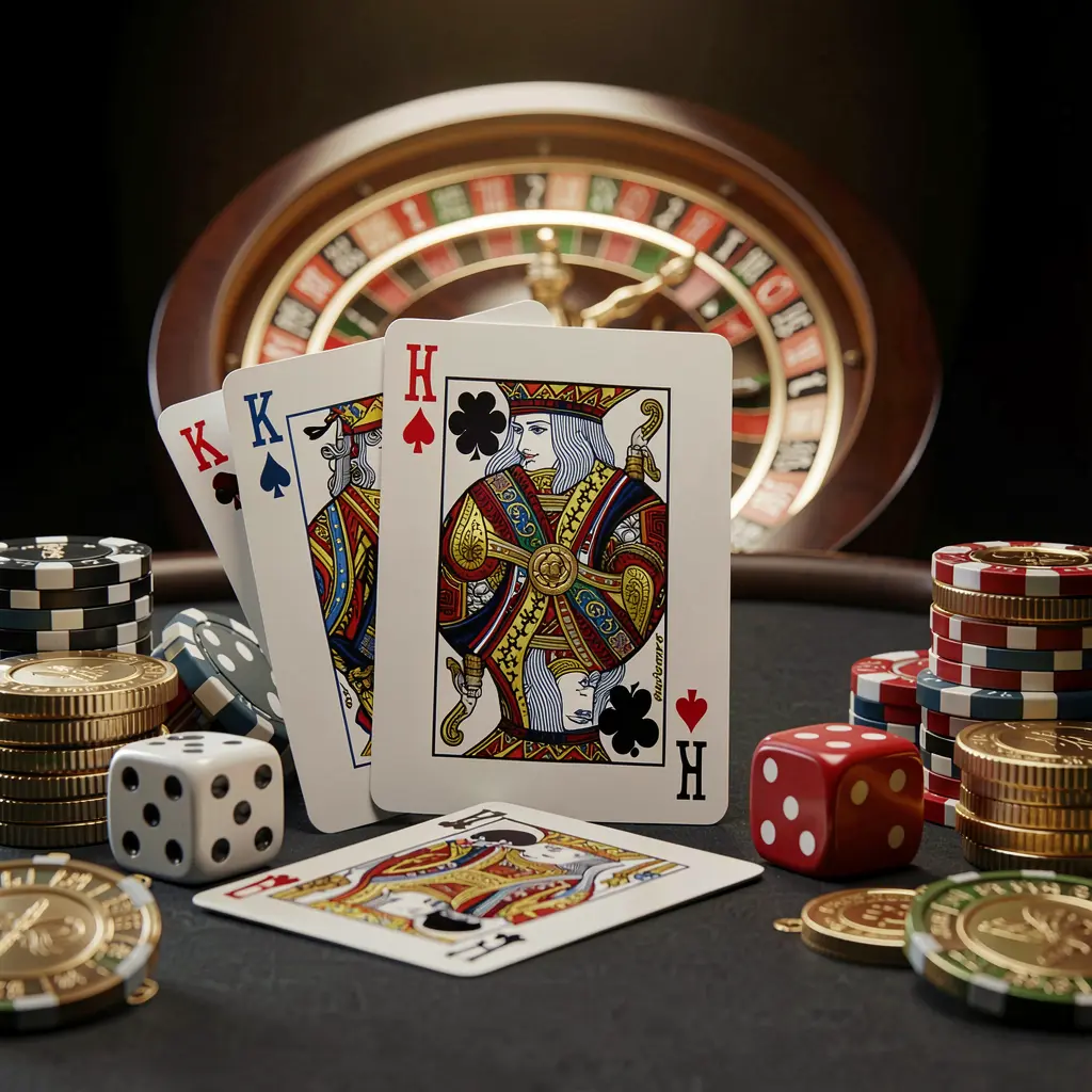 Elegant online casino homepage featuring 110NIX brand with royal flush cards, dice, golden coins, poker chips on a dark table, and glowing roulette wheel in the background in a cinematic 3D render
